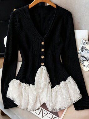 Black Casual Women's V-Neck Lace Patchwork Knit Sweater